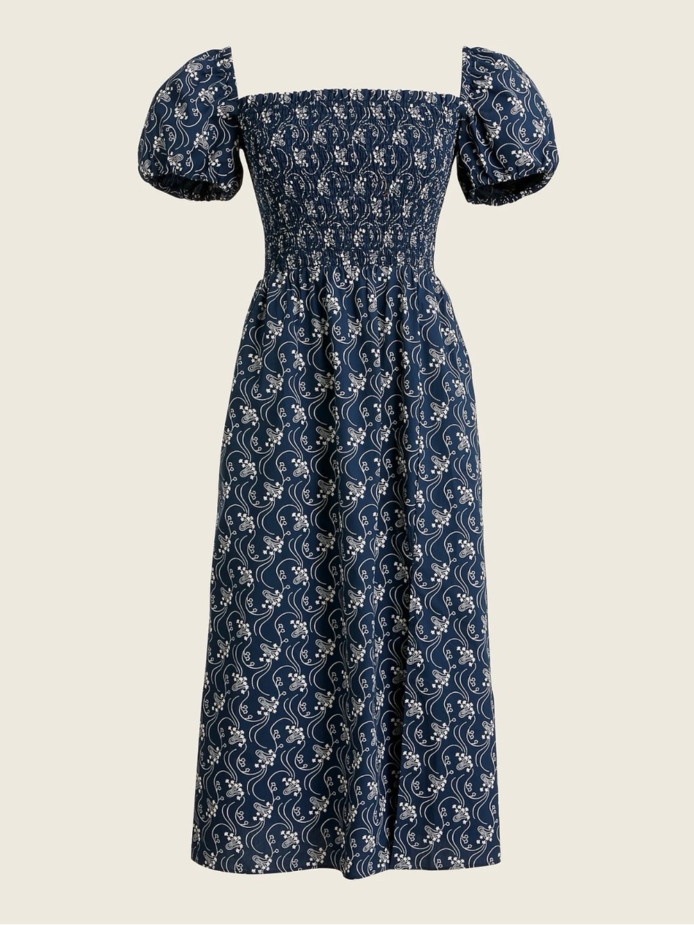 J. Crew Smocked Puff-Sleeve Navy Floral Midi Dress